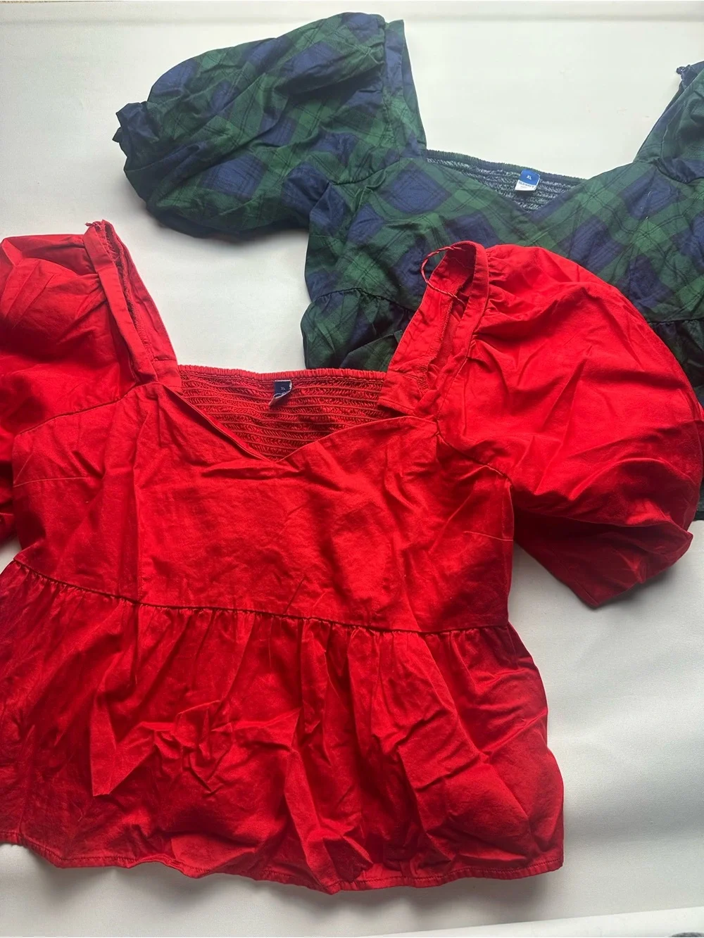 2 Old Navy Puff Sleeve Peplum Tops- Red and green blue checkered.